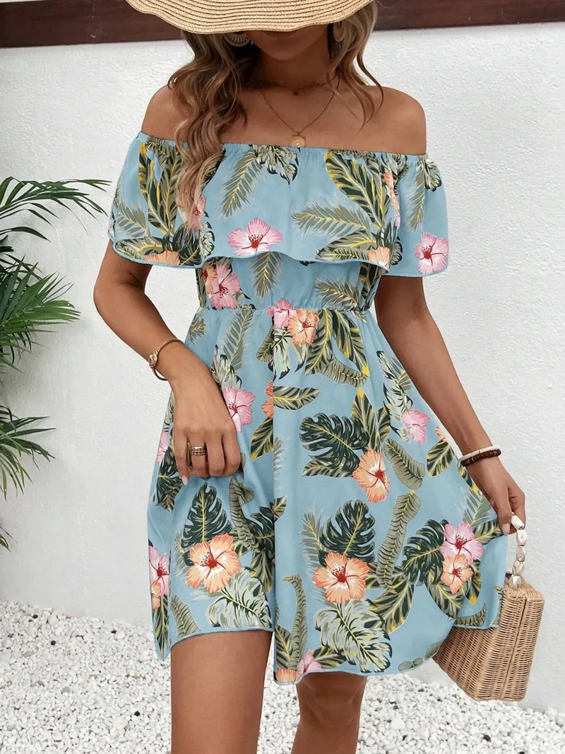 Mini-robe imprimée à épaules dénudées