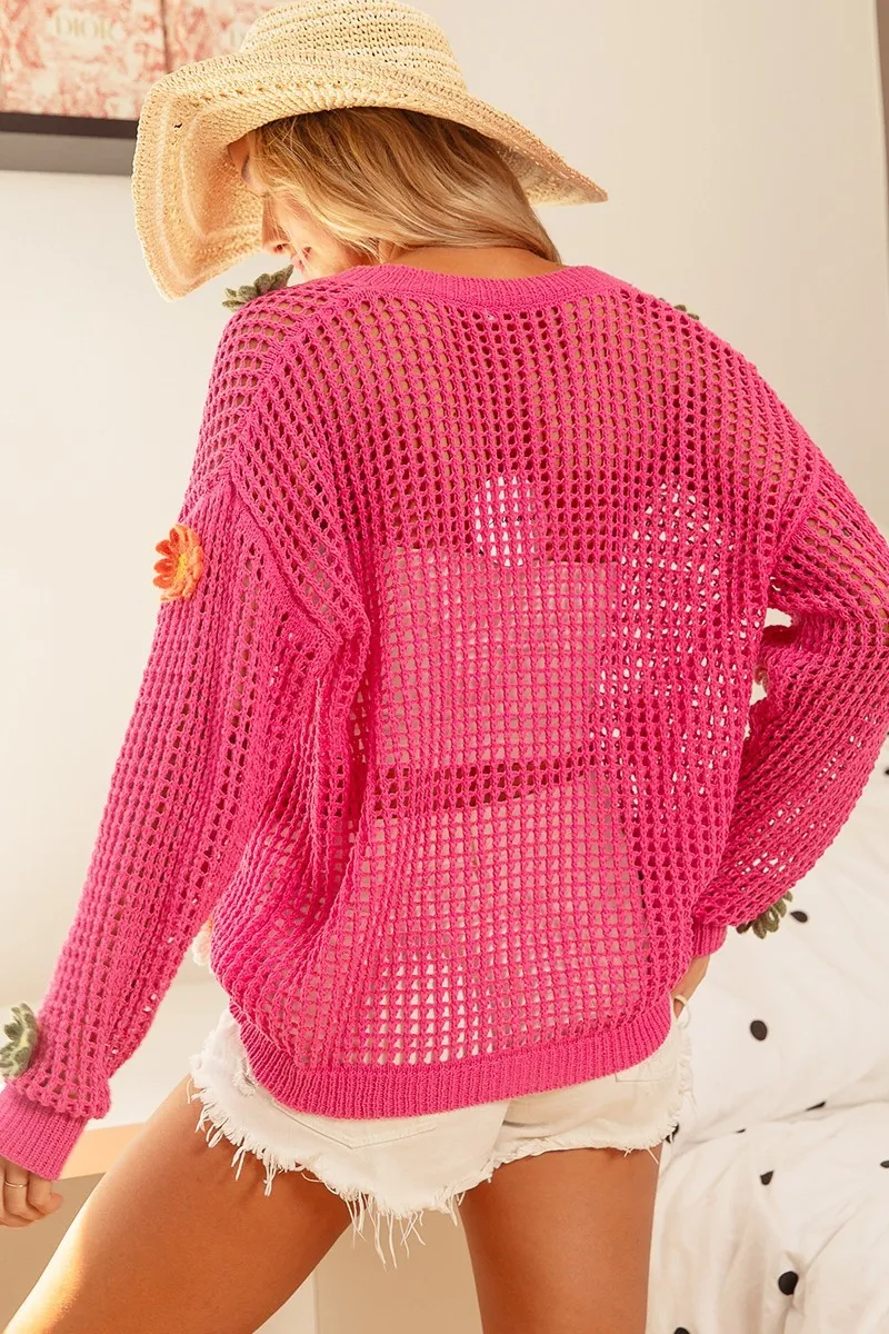 Cardigan en maille ajourée à patchs floraux BiBi