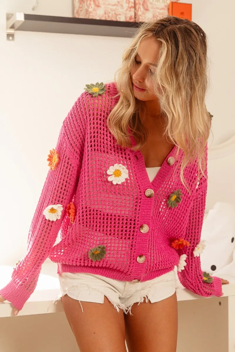 Cardigan en maille ajourée à patchs floraux BiBi