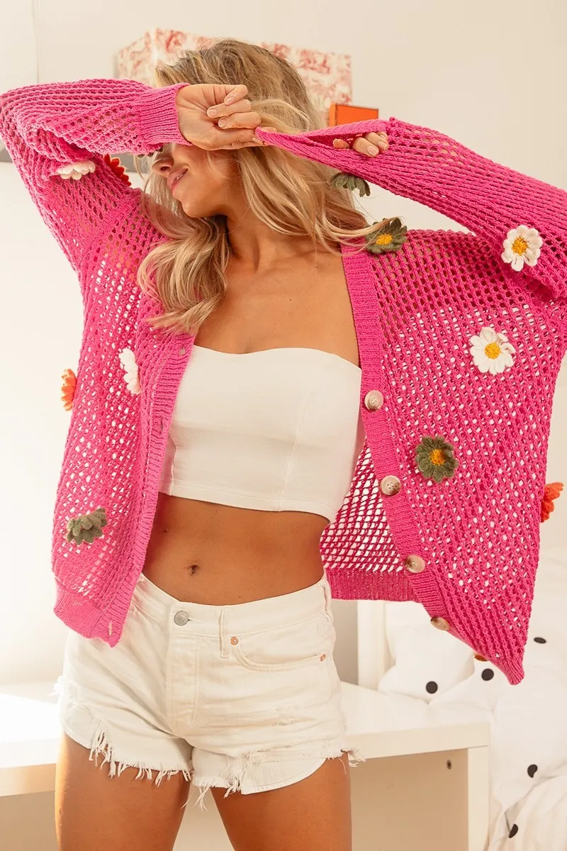 Cardigan en maille ajourée à patchs floraux BiBi