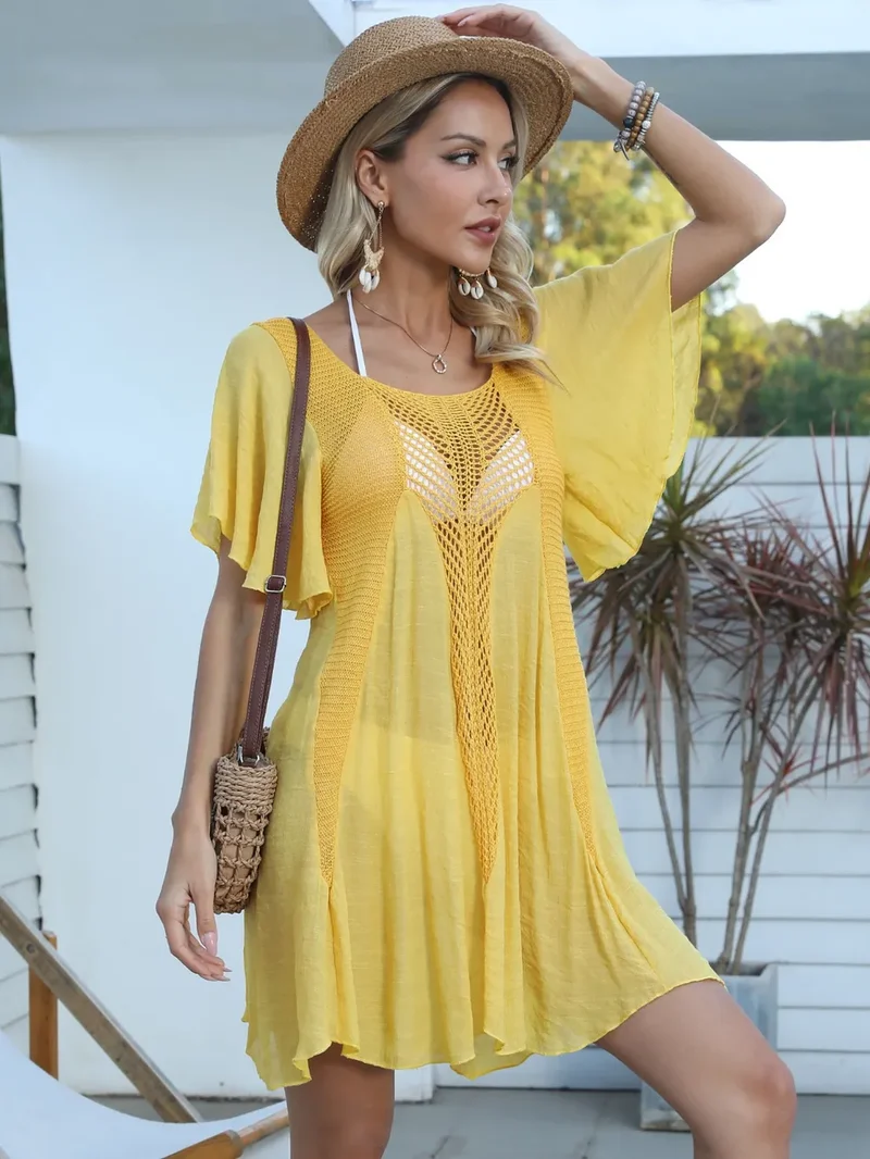 Robe cache-maillot ajourée à manches flottantes