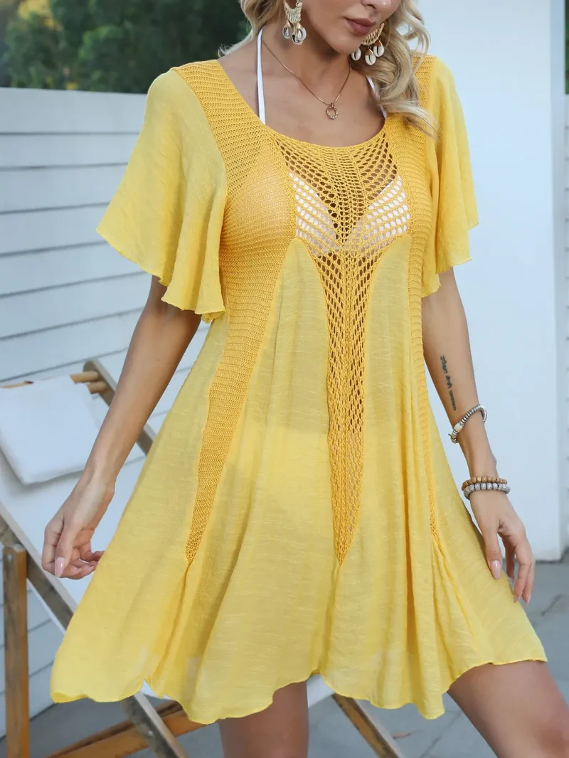 Robe cache-maillot ajourée à manches flottantes