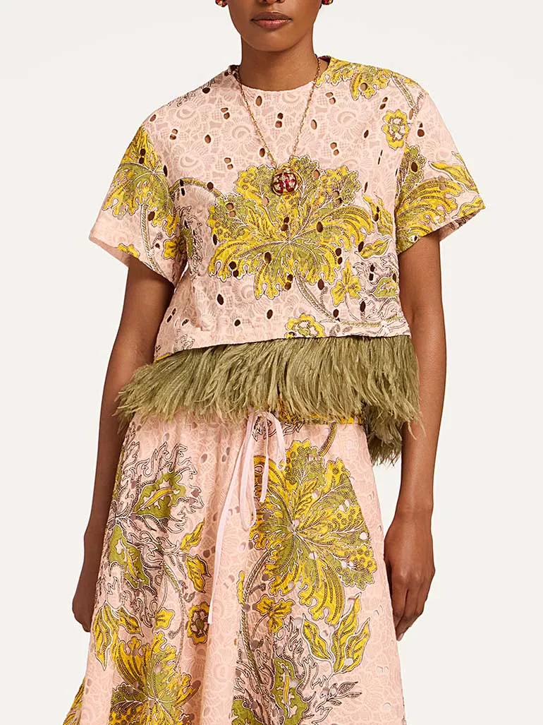 Elegant Two-piece Paisley Print Feather Trim