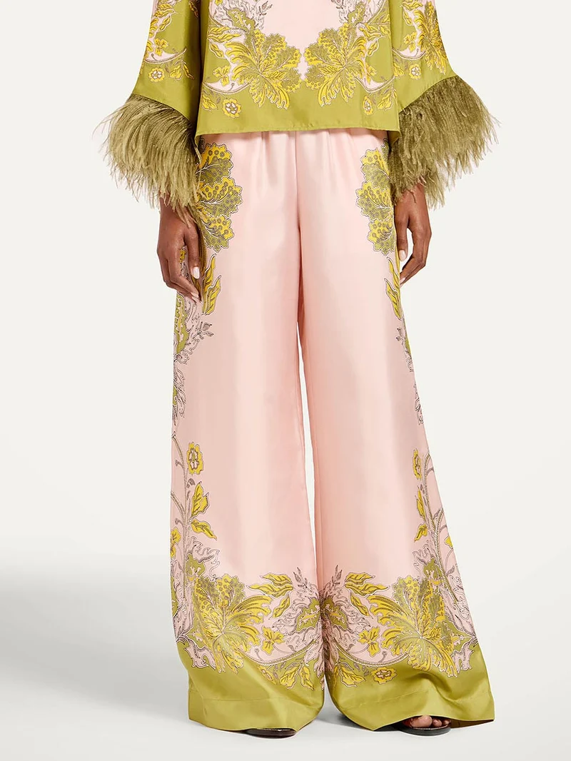 Exquisite Floral Feather Trim Crop Top & Wide Leg Pants Two-Piece Set