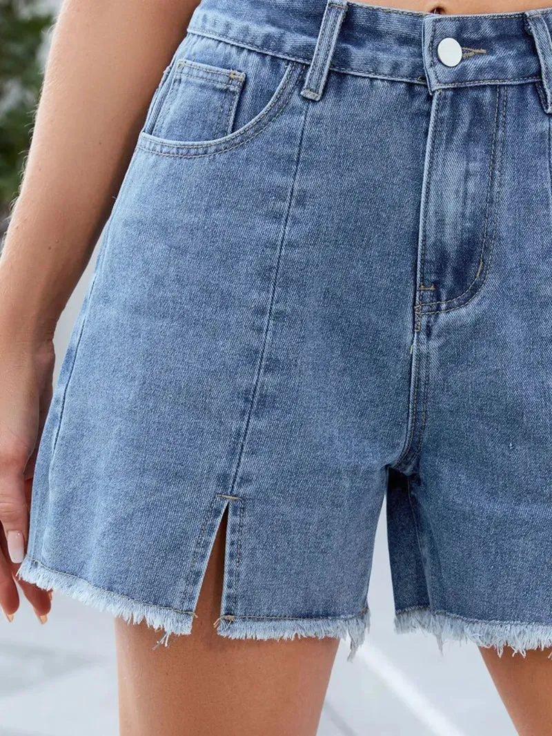 Short en jean fendu à ourlet brut