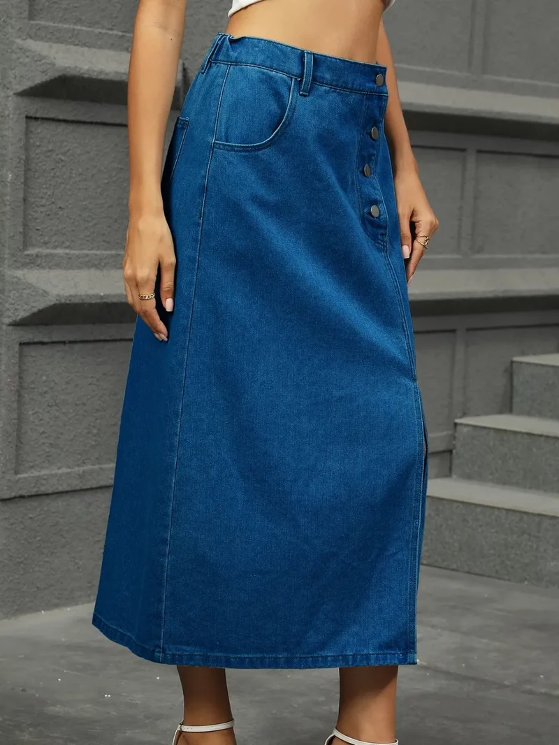 Jupe midi en jean fendue avec boutons