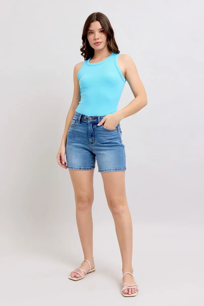 Short en jean bleu Judy à 2 boutons et poches, grande taille