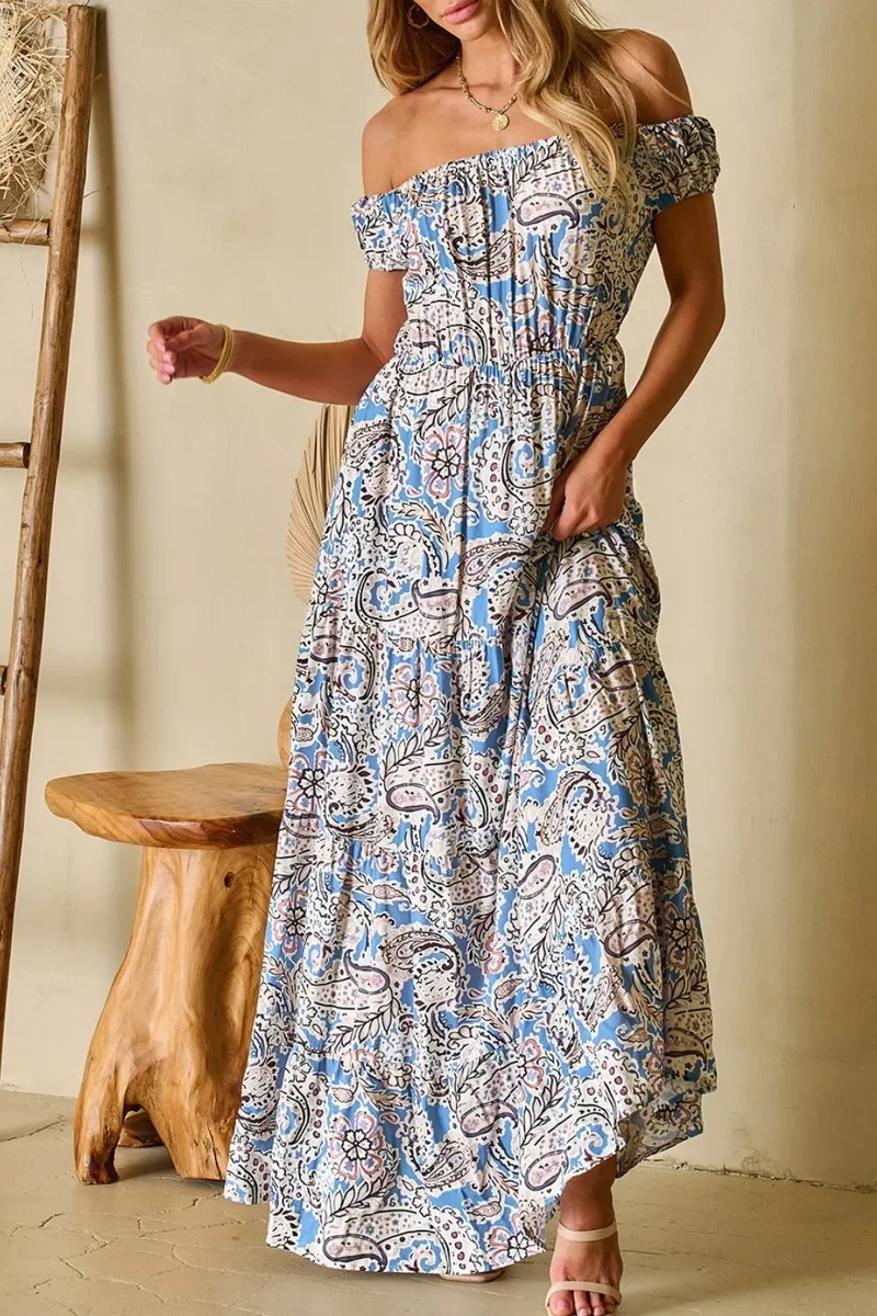 Robe longue bohème à épaules dénudées et imprimé cachemire