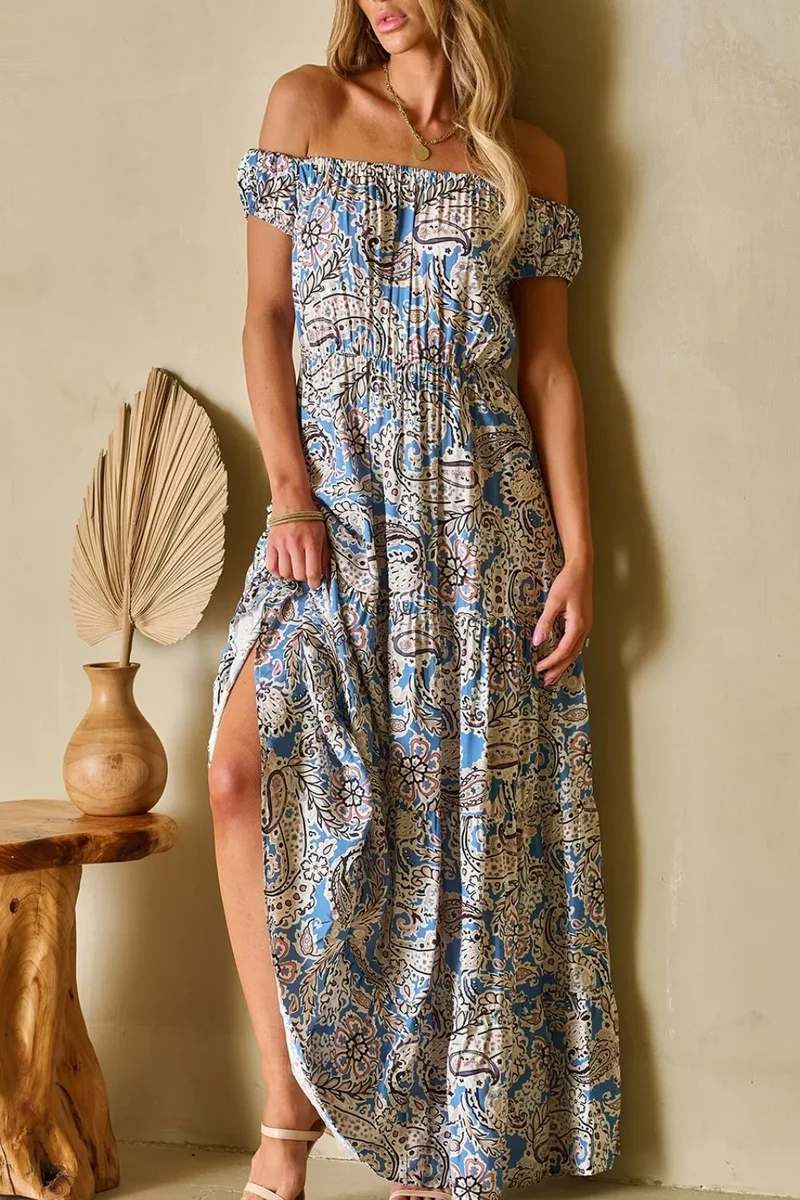 Robe longue bohème à épaules dénudées et imprimé cachemire