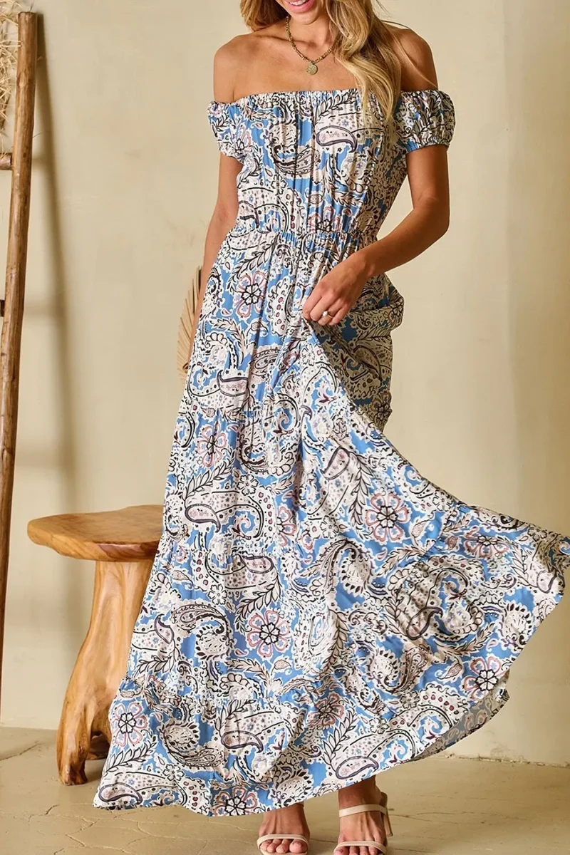 Robe longue bohème à épaules dénudées et imprimé cachemire