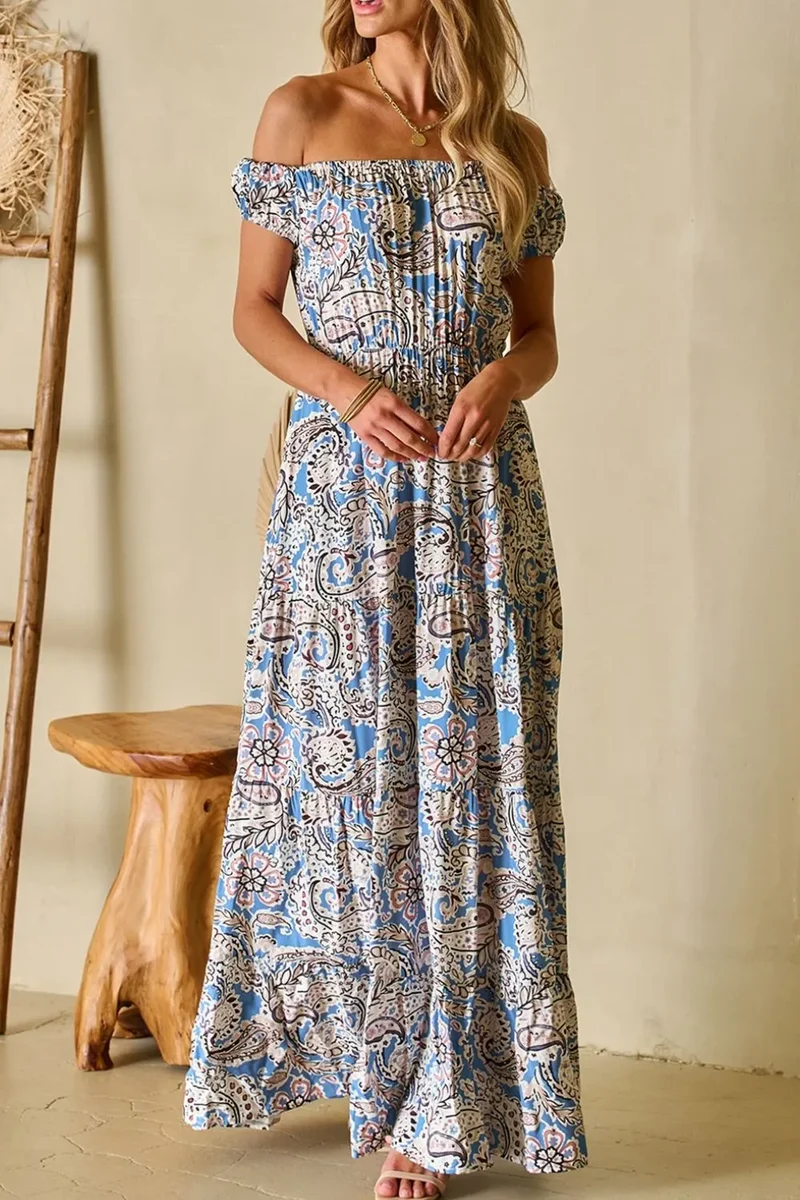 Robe longue bohème à épaules dénudées et imprimé cachemire