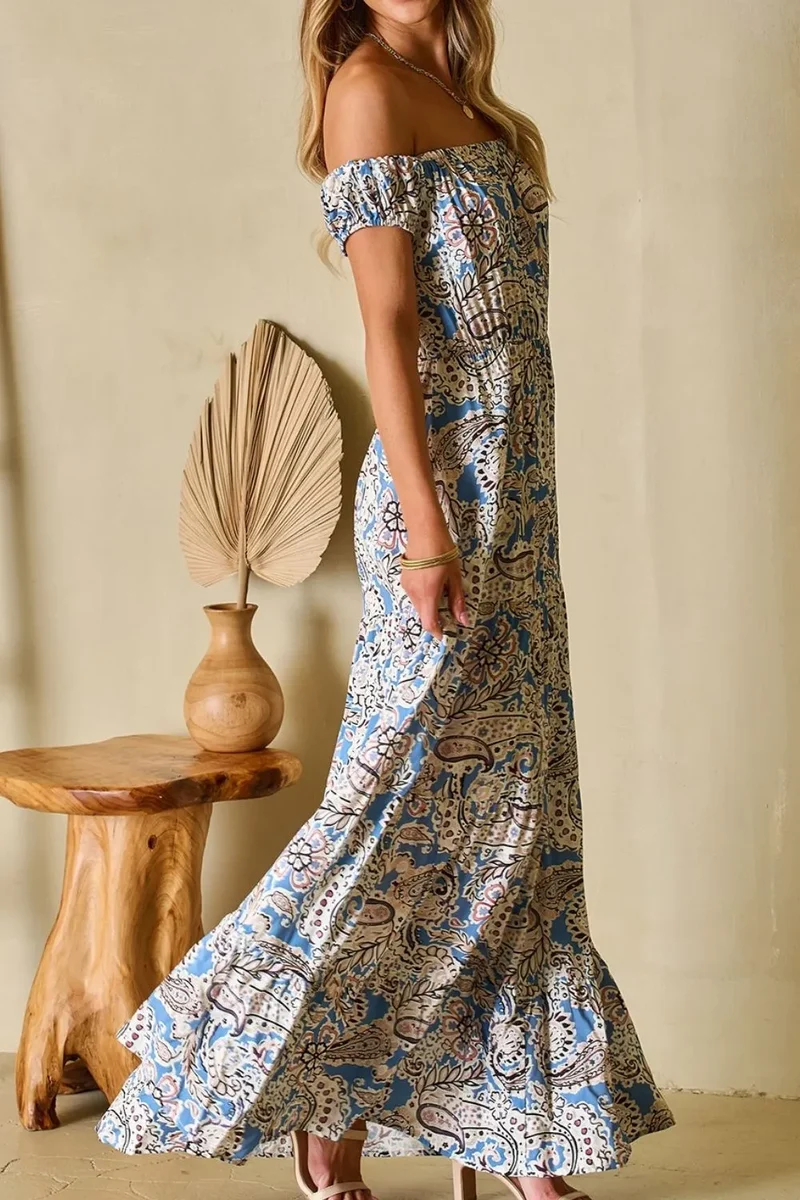 Robe longue bohème à épaules dénudées et imprimé cachemire
