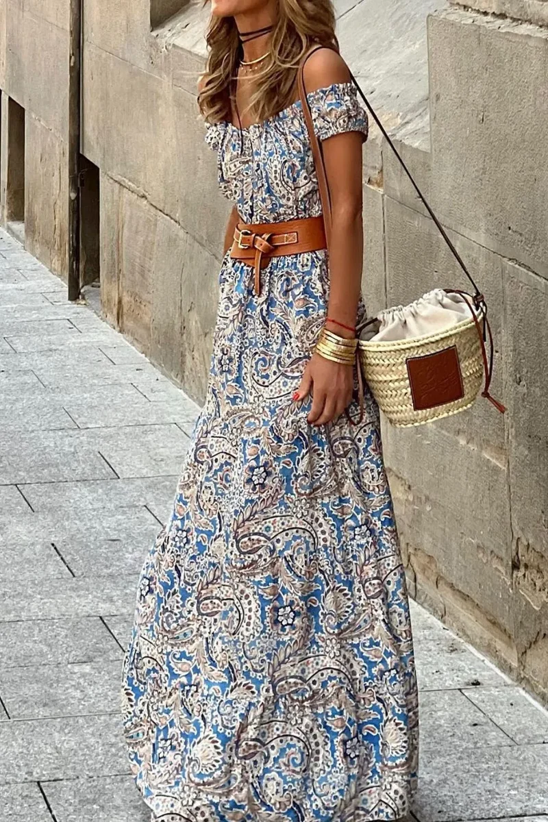 Robe longue bohème à épaules dénudées et imprimé cachemire