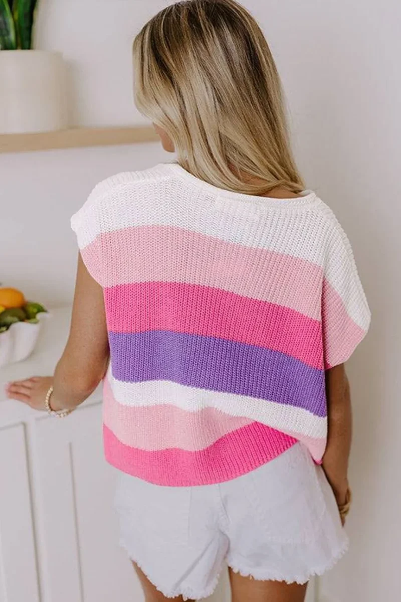 Haut en tricot à manches courtes et blocs de couleurs