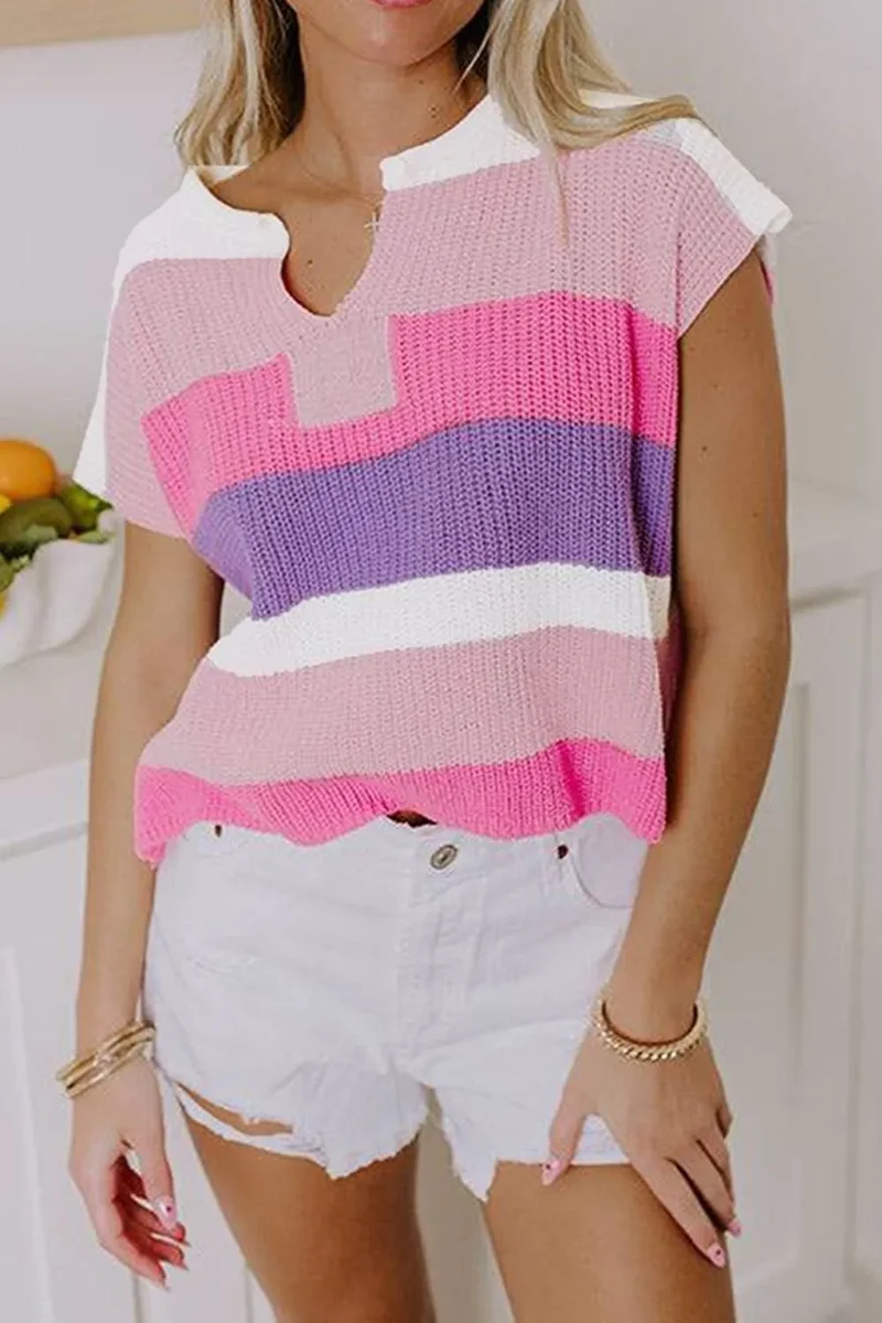 Haut en tricot à manches courtes et blocs de couleurs