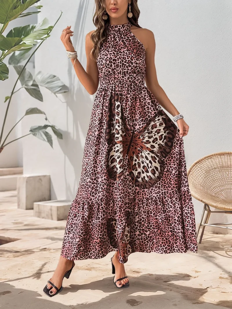 Robe longue à col grec et imprimé léopard et papillon
