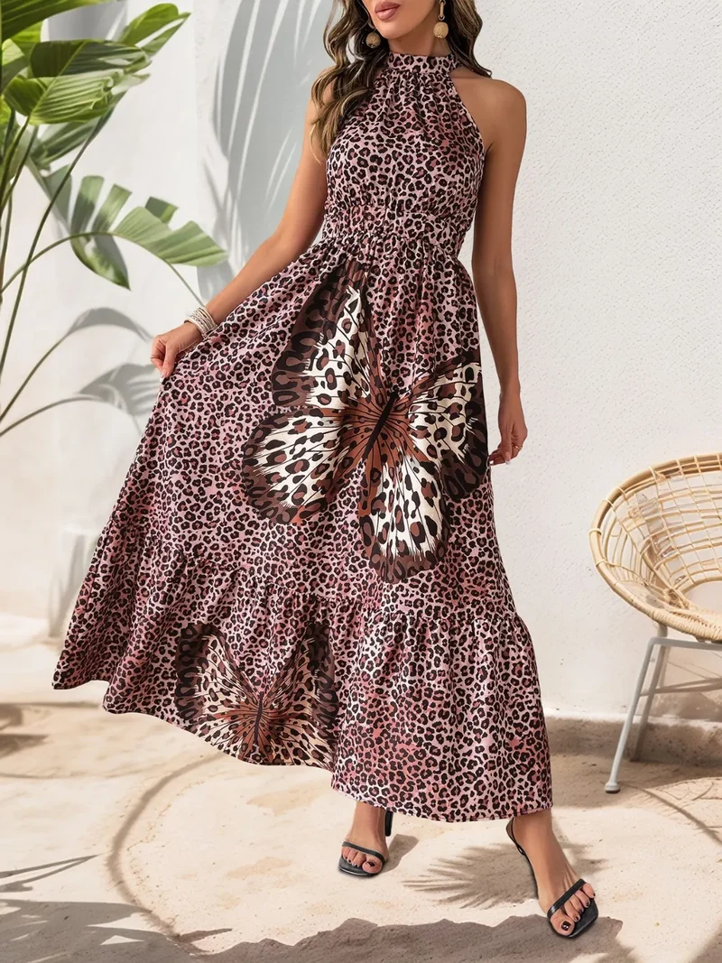 Robe longue à col grec et imprimé léopard et papillon