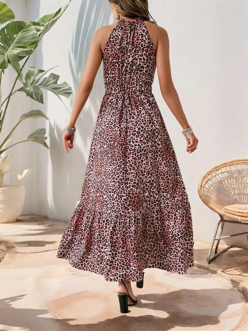 Robe longue à col grec et imprimé léopard et papillon