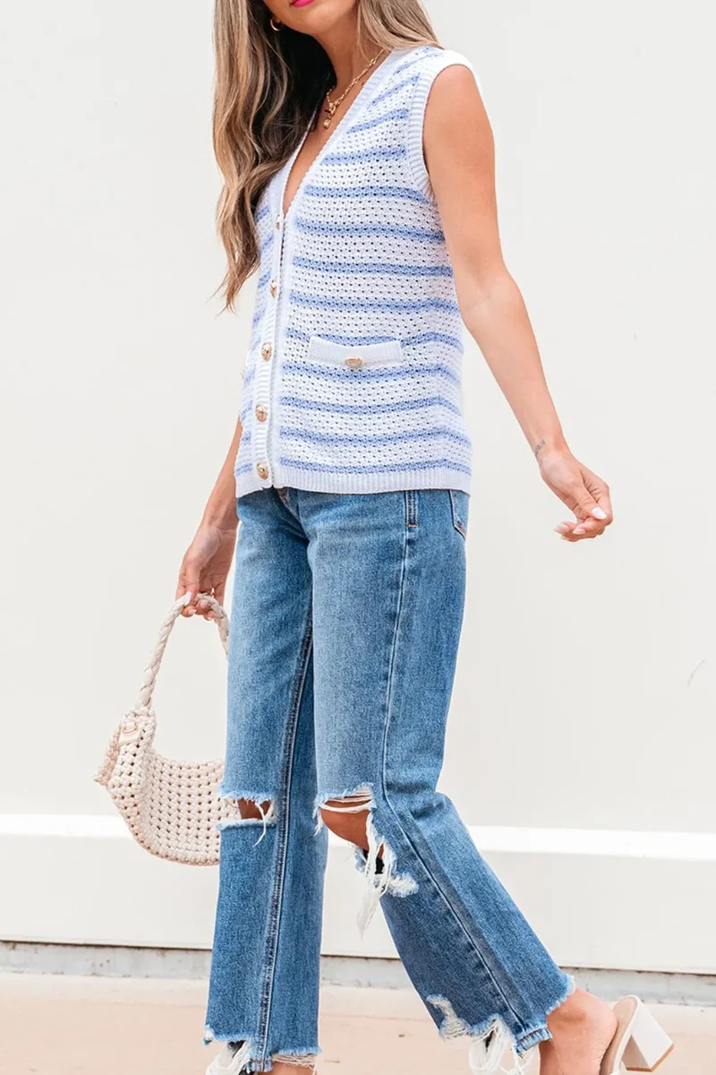 Gilet pull élégant à rayures et col en V avec boutons dorés