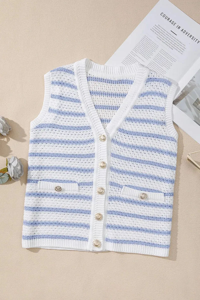 Gilet pull élégant à rayures et col en V avec boutons dorés