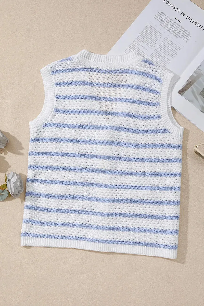 Gilet pull élégant à rayures et col en V avec boutons dorés