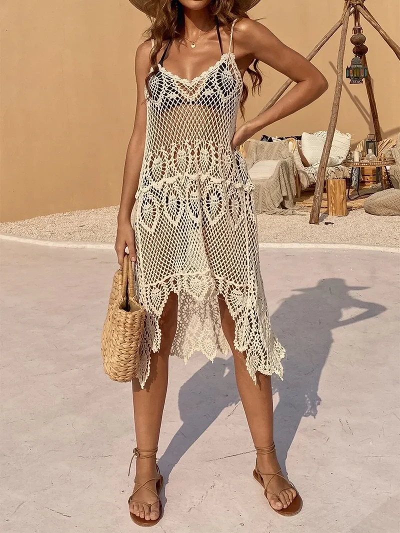 Robe cache-maillot ajourée à encolure dégagée et bretelles spaghetti