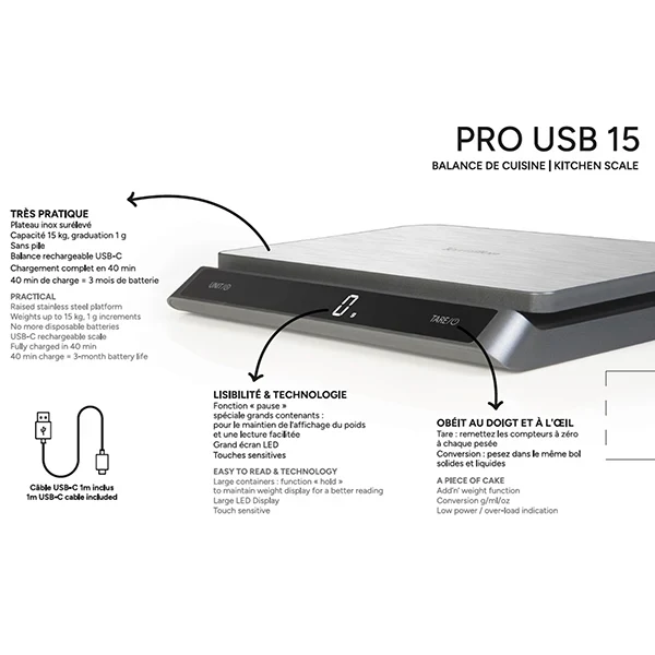 Balance de cuisine digitale inox Pro USB 15 kg Terraillon
