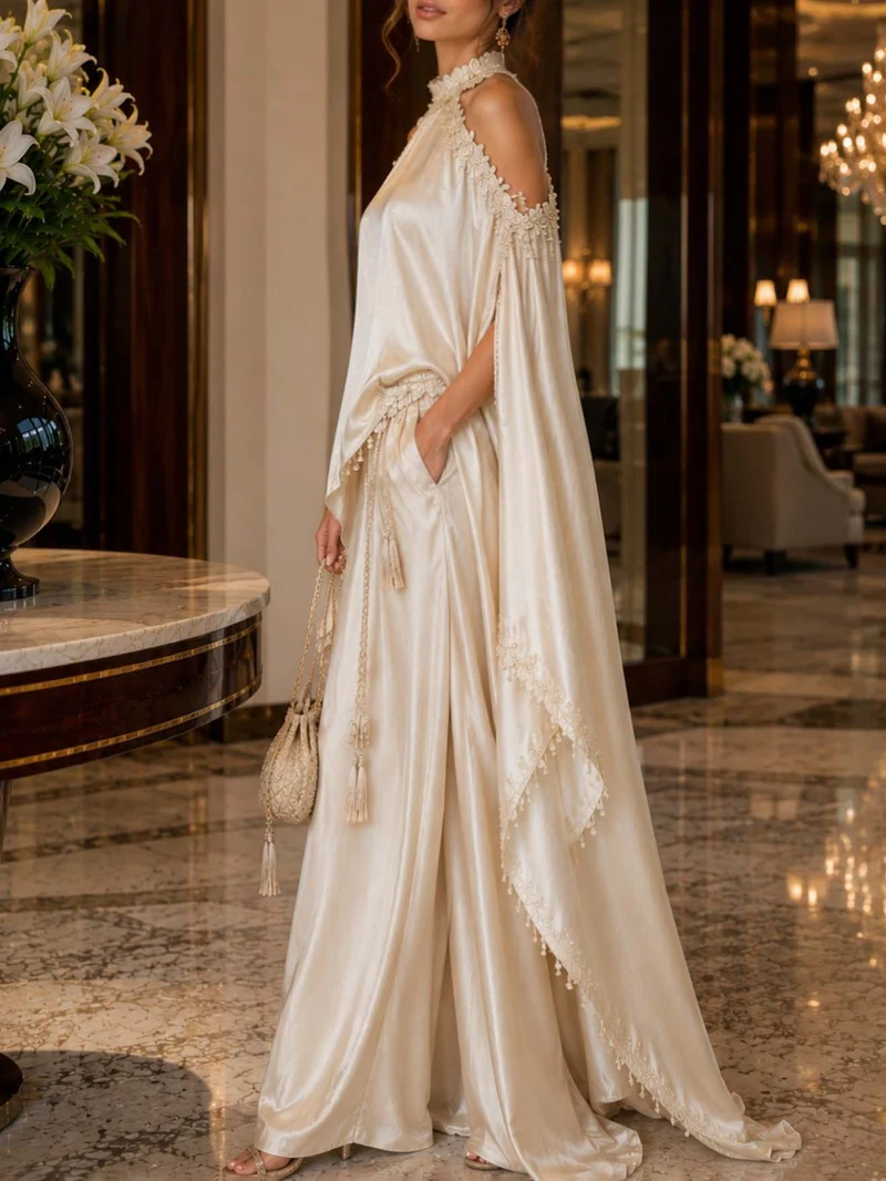 Elegant Lace-Trim Cape Sleeve Satin Pants Set