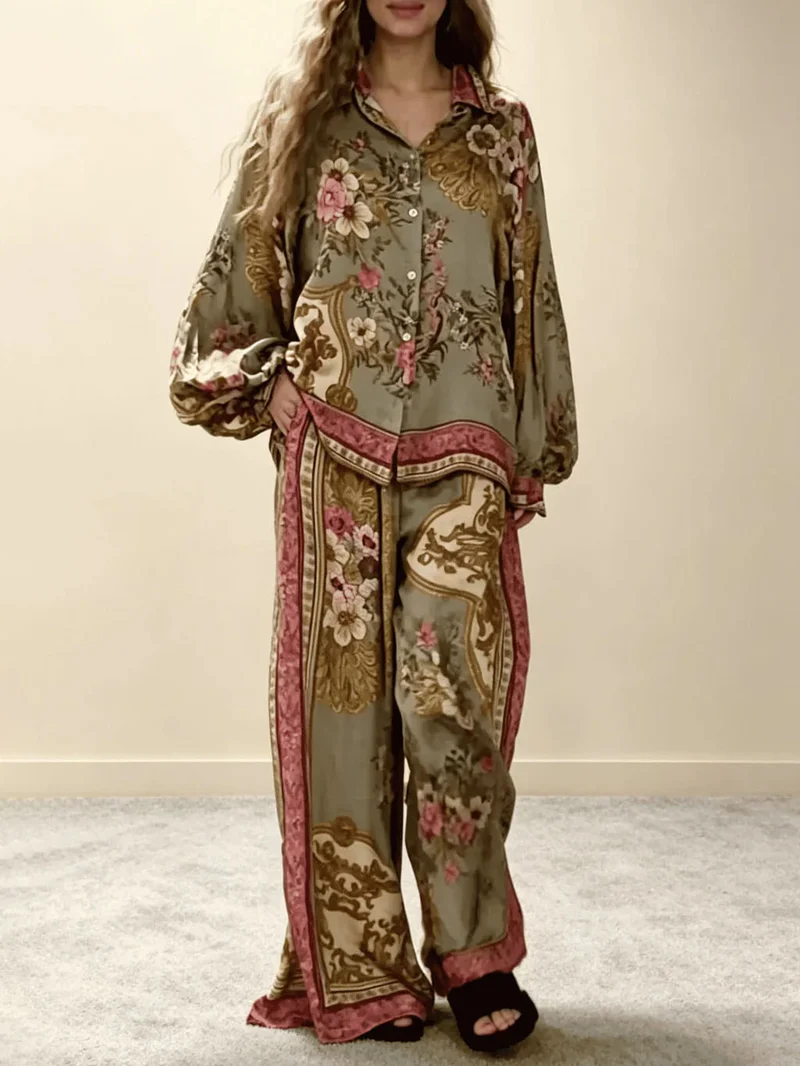 Retro Floral Baroque Print Satin Wide-Leg Pants