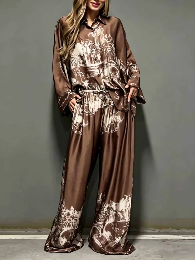 Architectural Print Satin Wide-Leg Pants