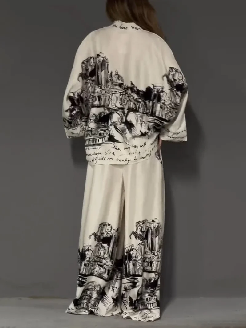 Architectural Print Satin Wide-Leg Pants