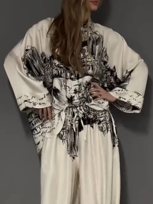 Architectural Print Satin Shirt And Pants Two-Piece Set