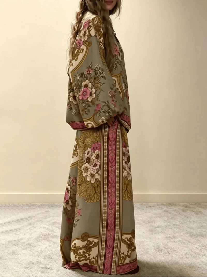 Retro Floral Baroque Print Satin Shirt & Wide-Leg Pants Set