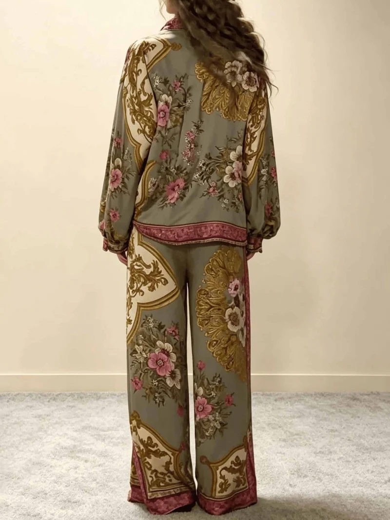 Retro Floral Baroque Print Satin Shirt & Wide-Leg Pants Set