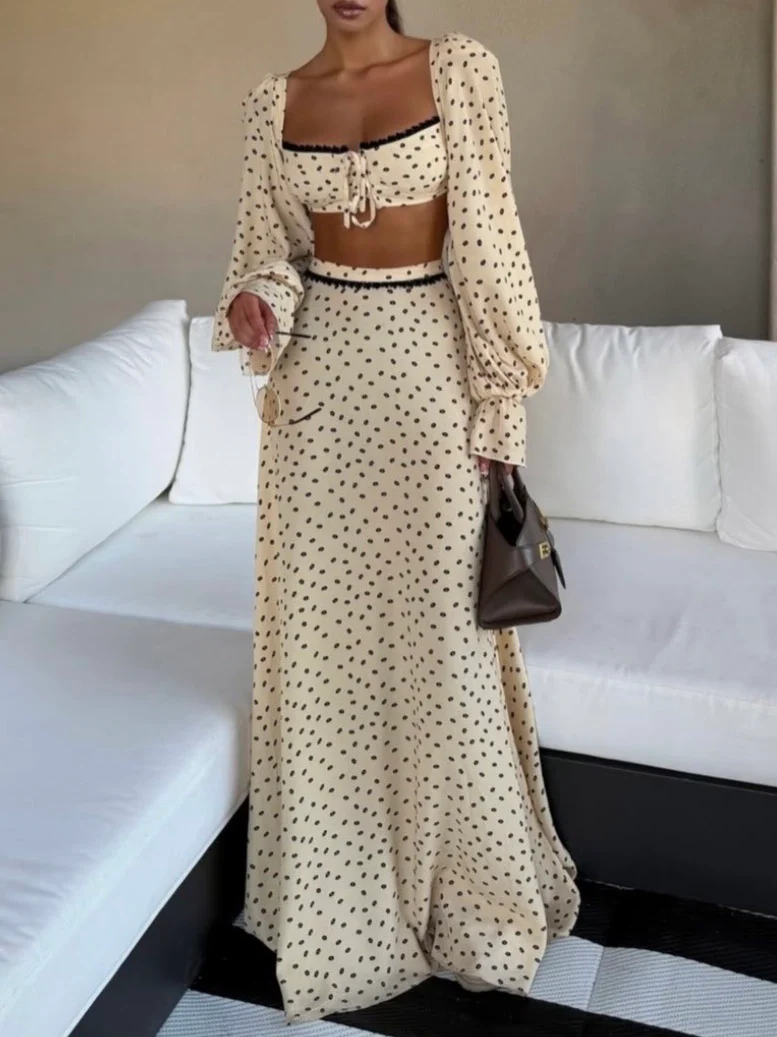 Elegant Polka Dot Crop Top & Maxi Skirt Set