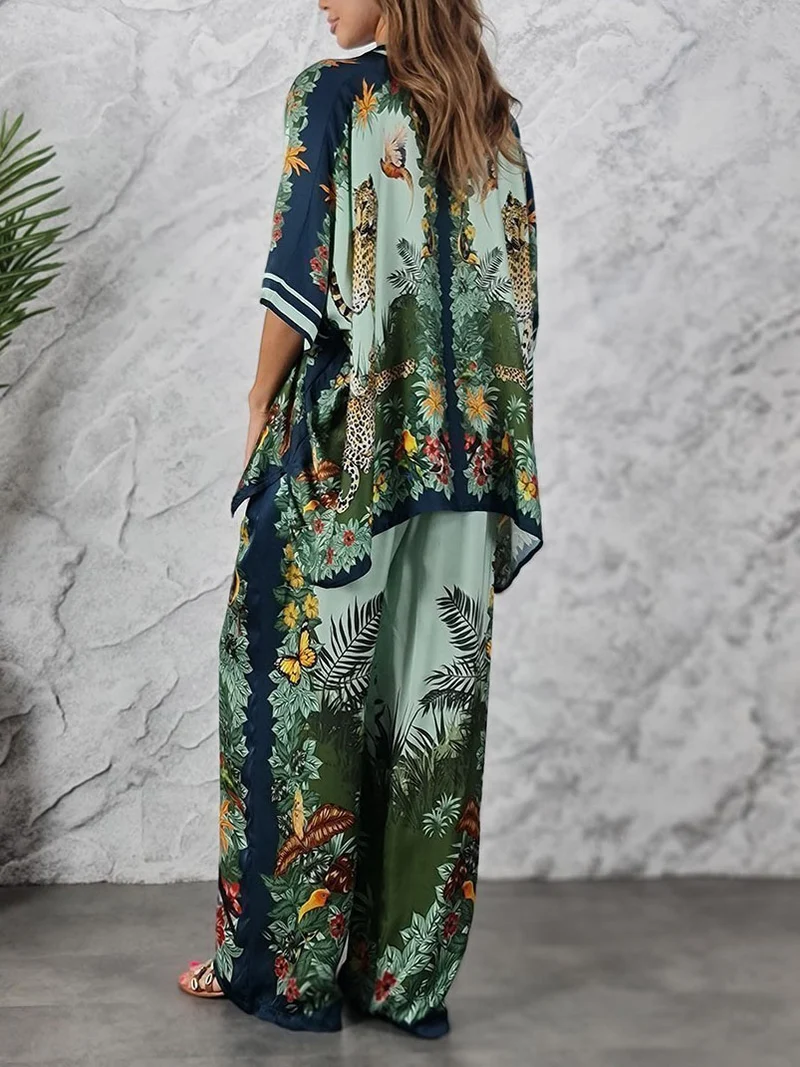 Exotic Jungle Print Batwing Sleeve Shirt & Wide Leg Pants Set