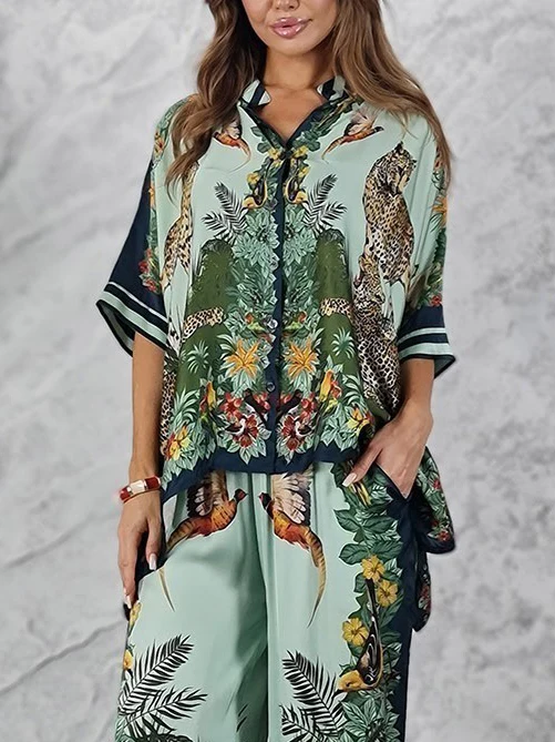 Exotic Jungle Print Batwing Sleeve Shirt & Wide Leg Pants Set