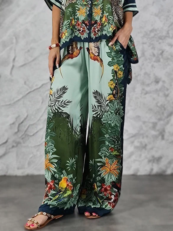 Exotic Jungle Print Batwing Sleeve Shirt & Wide Leg Pants Set