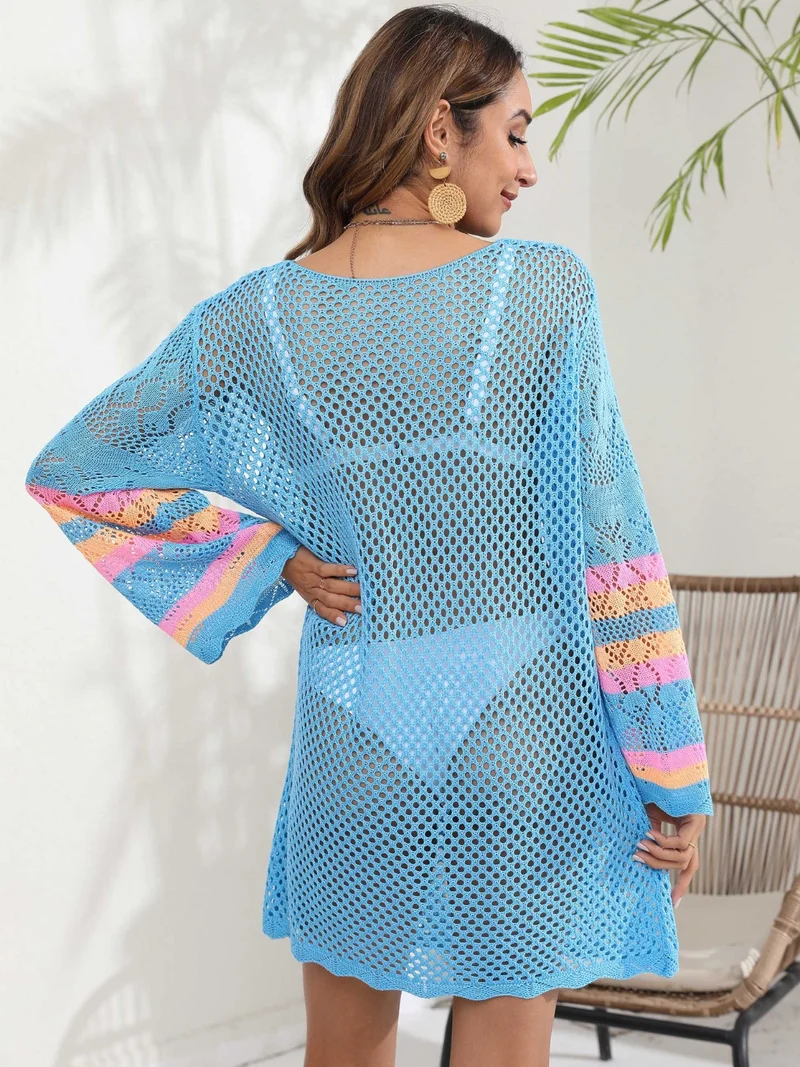 Cache-maillot à manches longues contrastées et ajourées