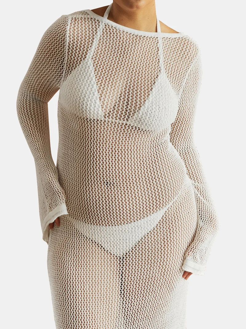 Robe cache-maillot dos nu ajourée à manches évasées