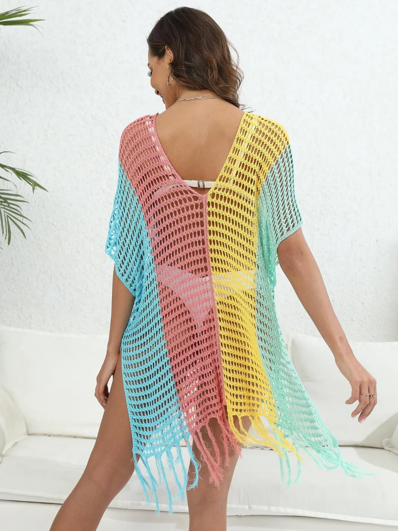 Cache-maillot à franges et blocs de couleurs à col rond