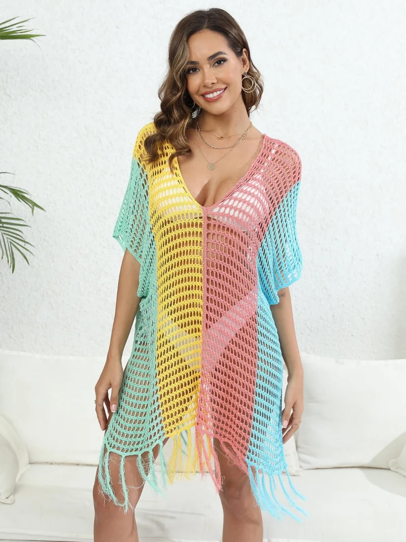 Cache-maillot à franges et blocs de couleurs à col rond