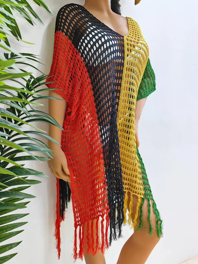 Cache-maillot à franges et blocs de couleurs à col rond