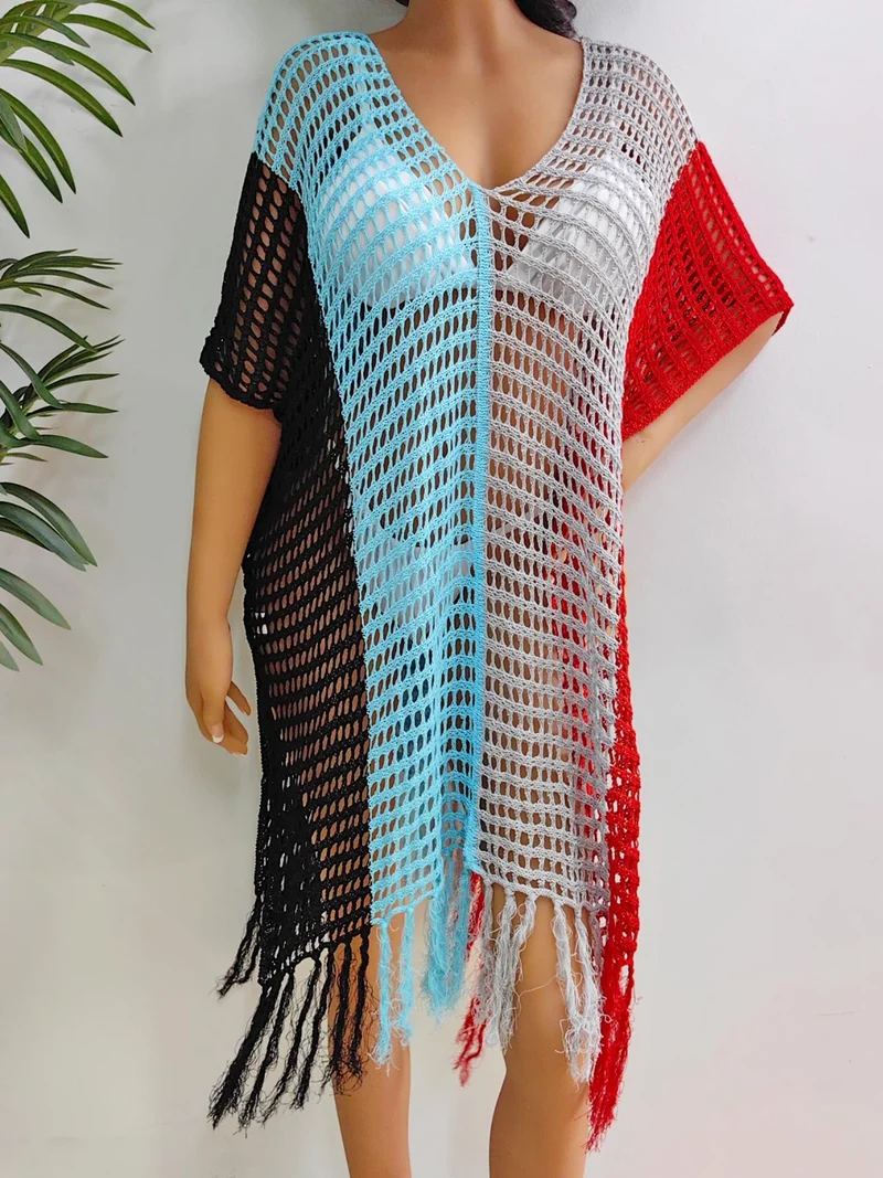 Cache-maillot à franges et blocs de couleurs à col rond
