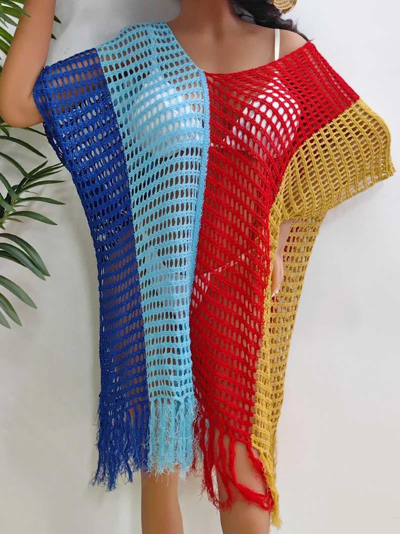 Cache-maillot à franges et blocs de couleurs à col rond
