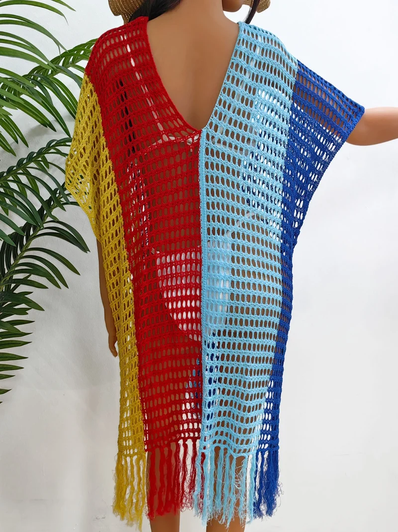 Cache-maillot à franges et blocs de couleurs à col rond