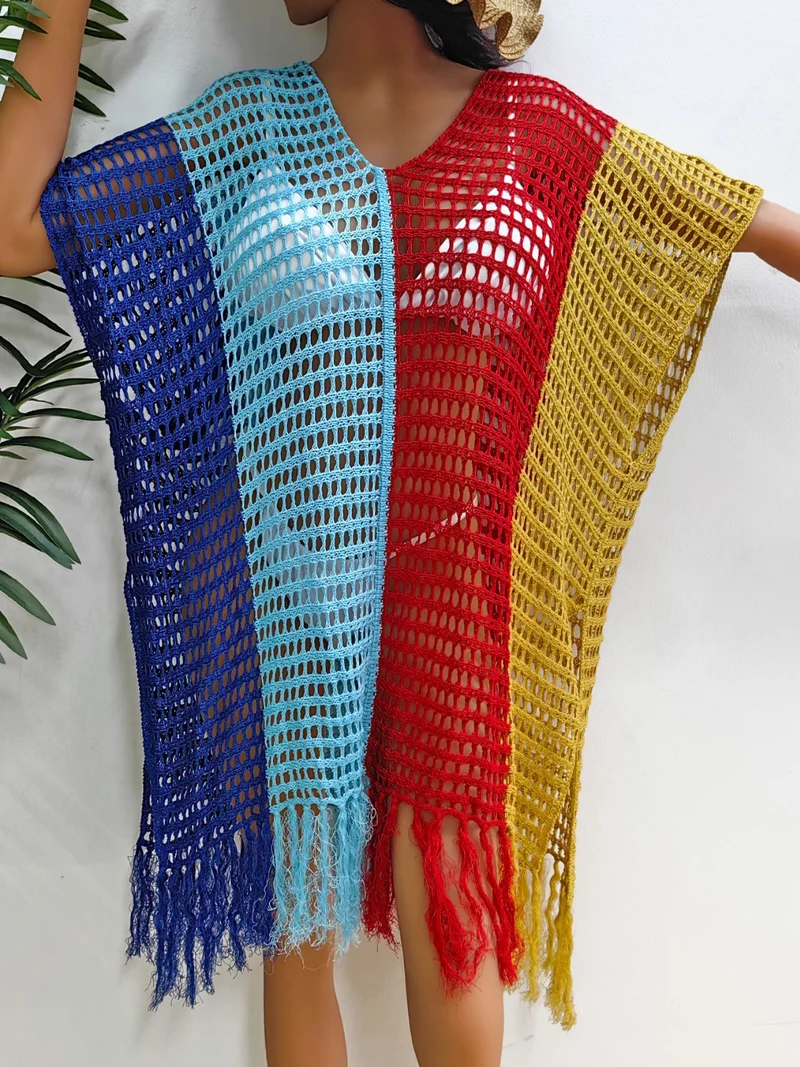 Cache-maillot à franges et blocs de couleurs à col rond