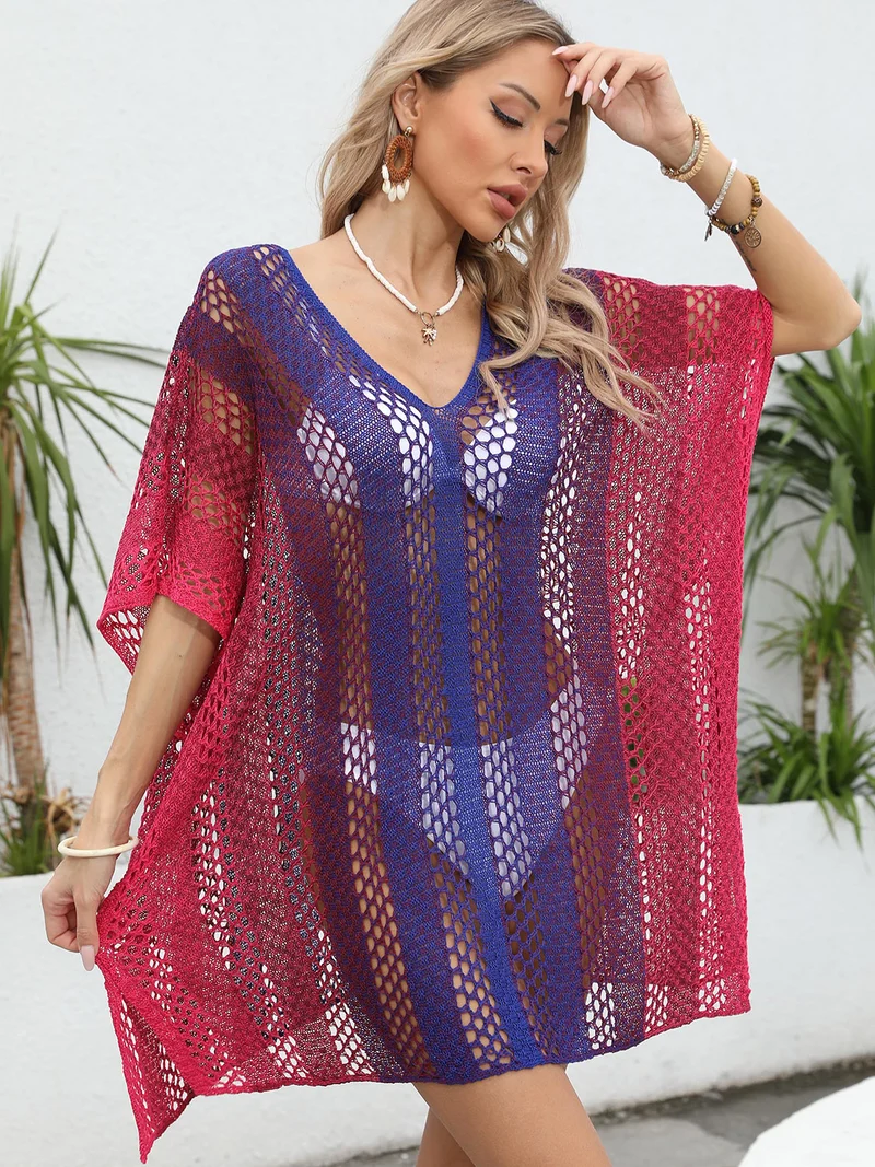 Cache-maillot à col en V contrasté et ajouré