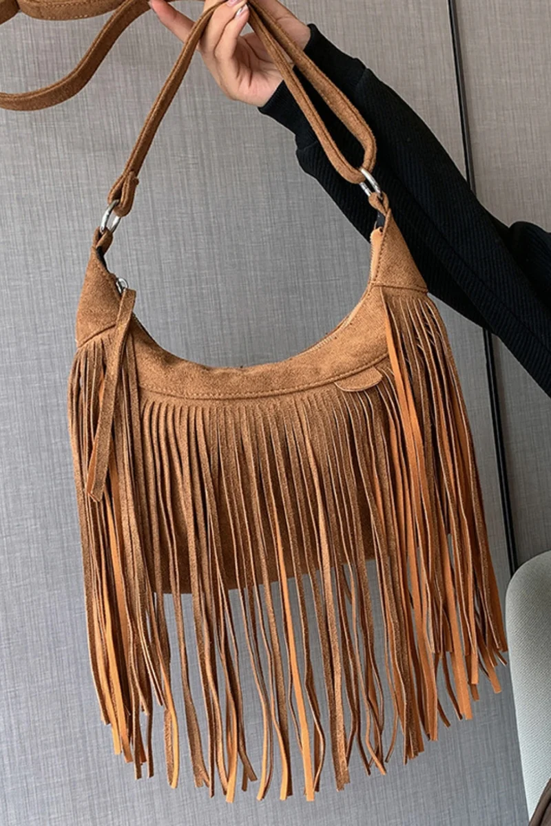 Sac à bandoulière réglable à franges en daim
