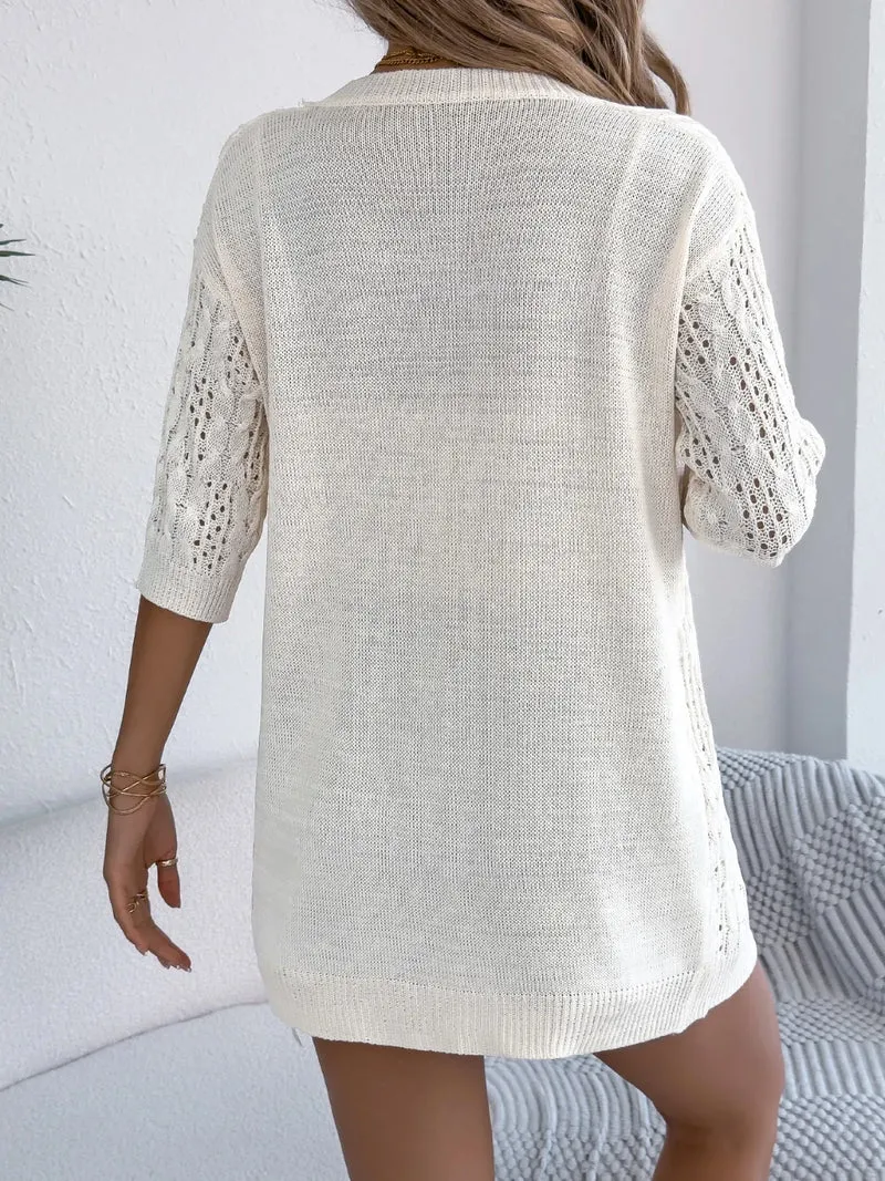 Cardigan ajouré à manches mi-longues et ouvert sur le devant